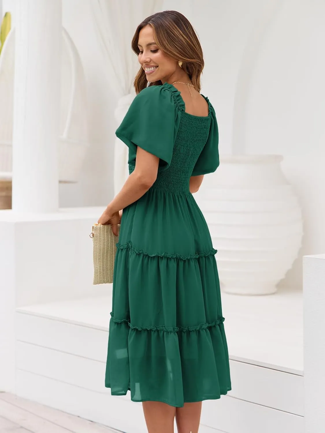 LILLUSORY Women's Summer Casual Flutter Sleeve Square Neck Smocked Midi Dress