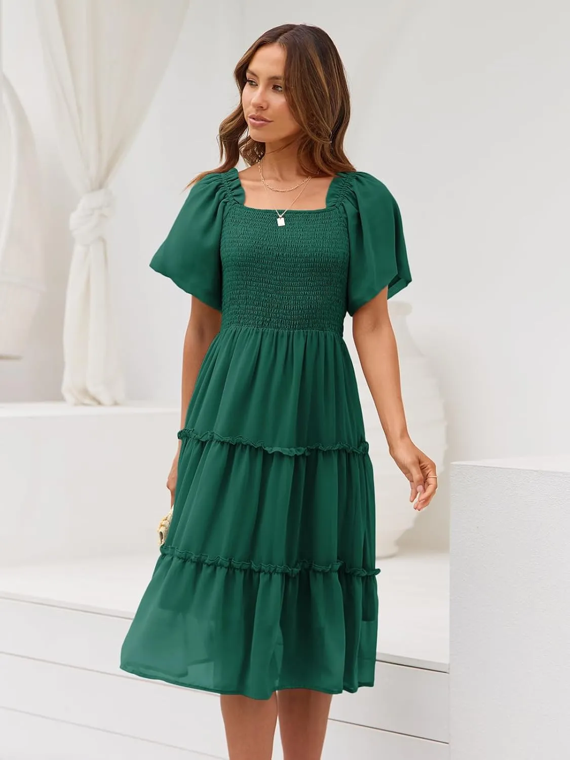 LILLUSORY Women's Summer Casual Flutter Sleeve Square Neck Smocked Midi Dress