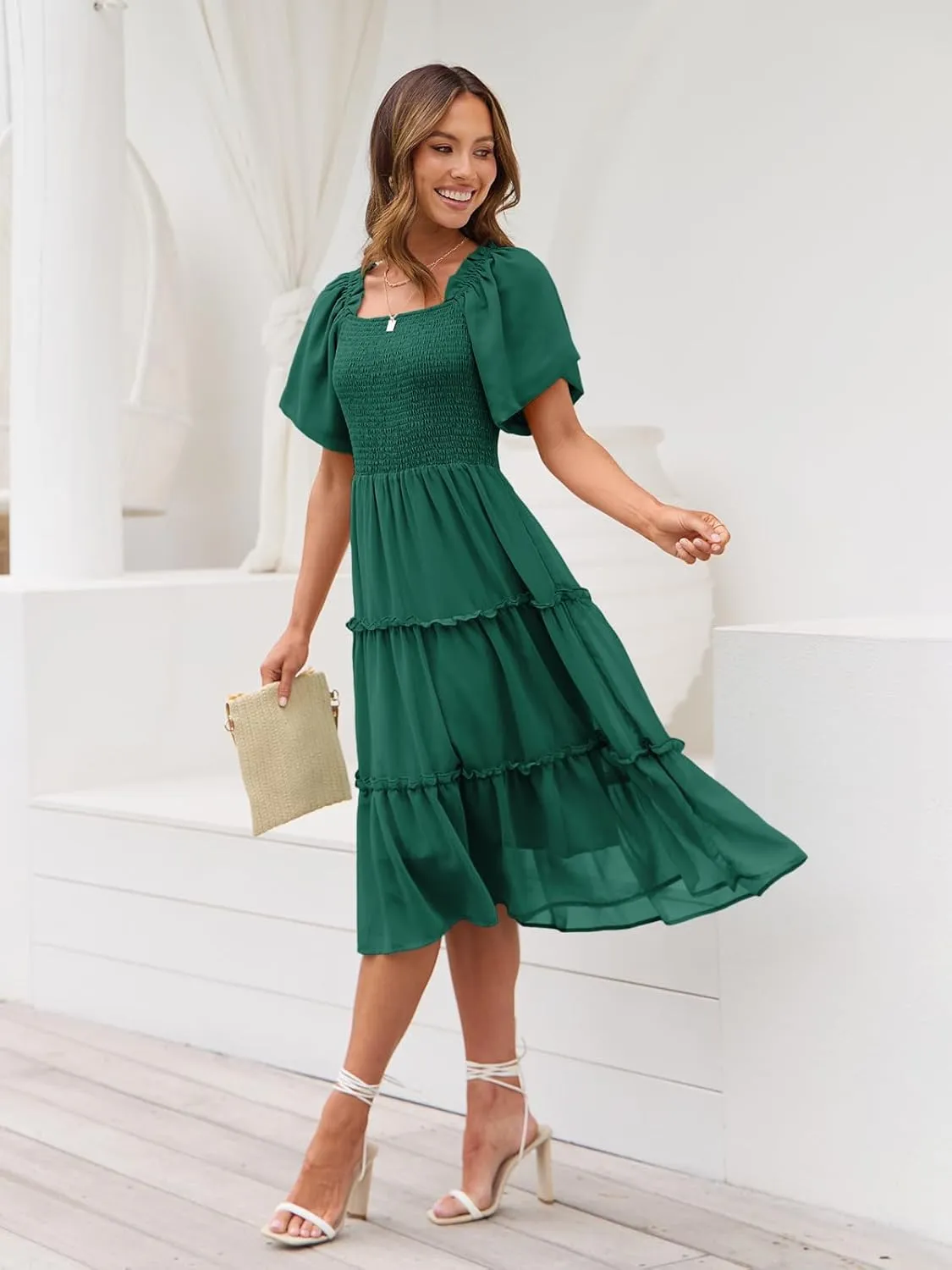 LILLUSORY Women's Summer Casual Flutter Sleeve Square Neck Smocked Midi Dress