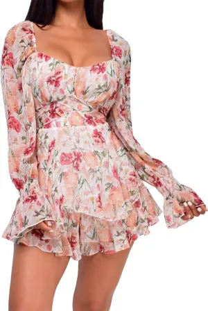 LYANER Women's Floral Print Off Shoulder Long Sleeve Ruffle Hem Romper Short Jumpsuit