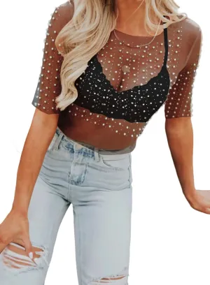 Meladyan Women Sexy Sheer Mesh Diamond Rhinestone Crop Tank See Through Hollow Out Sleeveless Crewneck Cropped Going Out Top