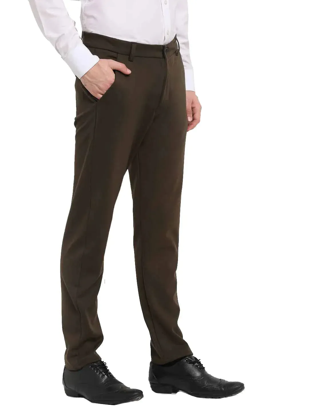 Men'S Olive 4-Way Lycra Tapered Fit Trousers