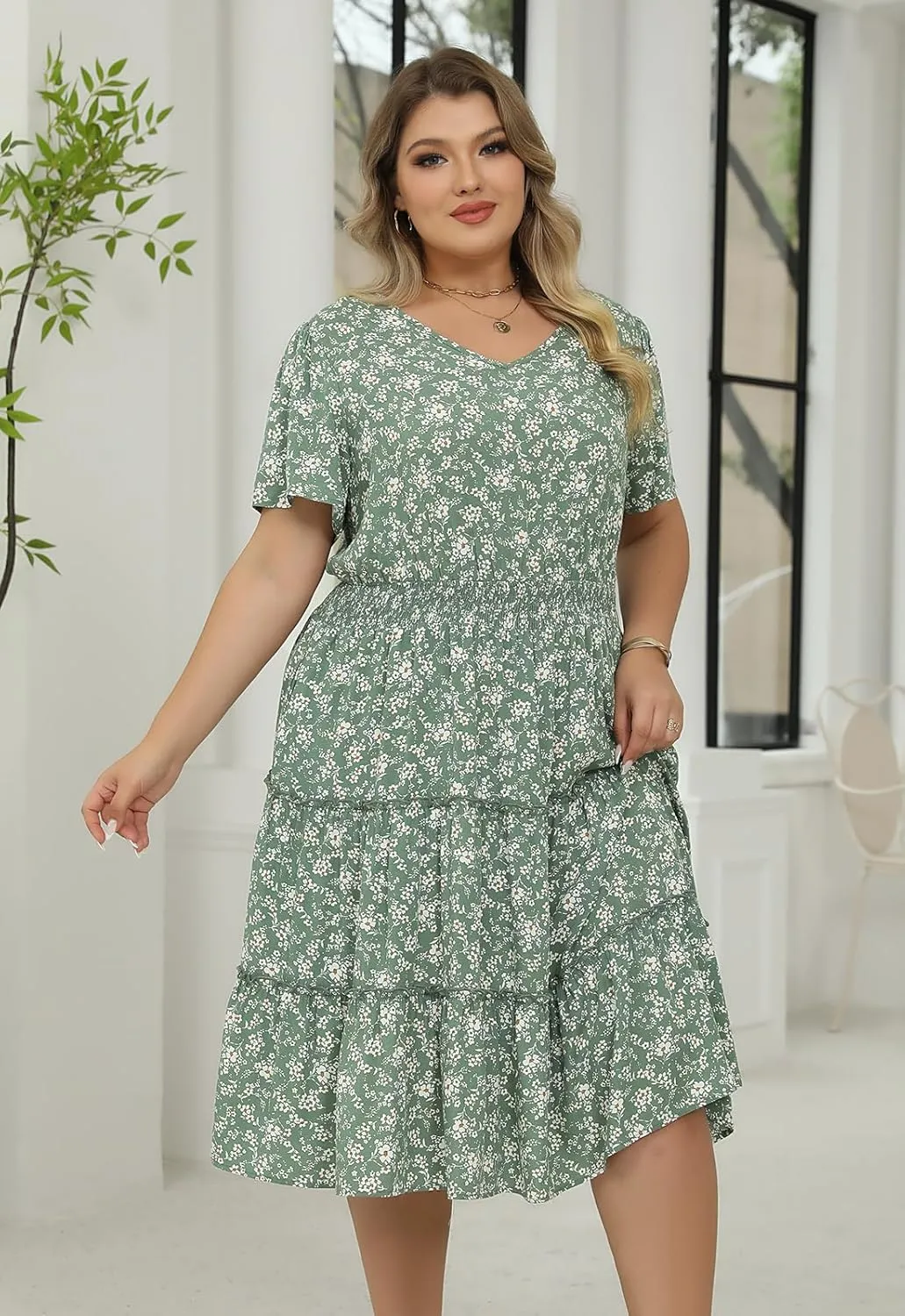 Nemidor Womens Plus Size Summer Midi Dress Casual Tiered Floral Print Beach Swing Boho Dresses with Pocket 16-26