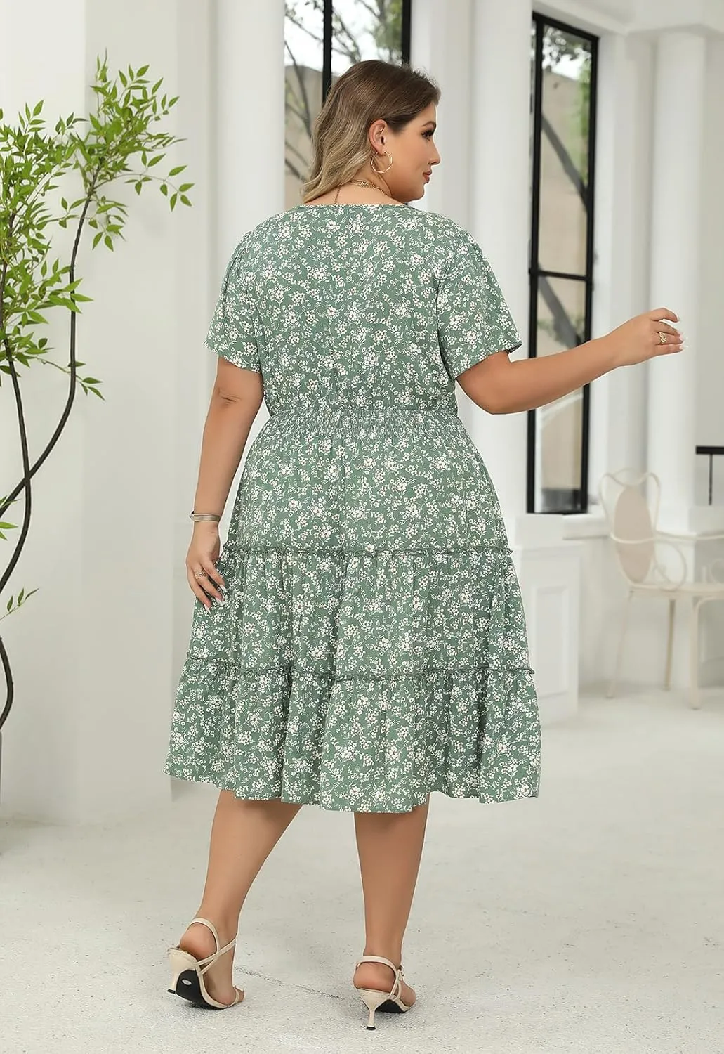 Nemidor Womens Plus Size Summer Midi Dress Casual Tiered Floral Print Beach Swing Boho Dresses with Pocket 16-26