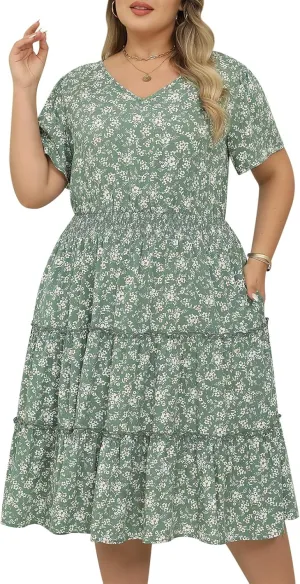 Nemidor Womens Plus Size Summer Midi Dress Casual Tiered Floral Print Beach Swing Boho Dresses with Pocket 16-26