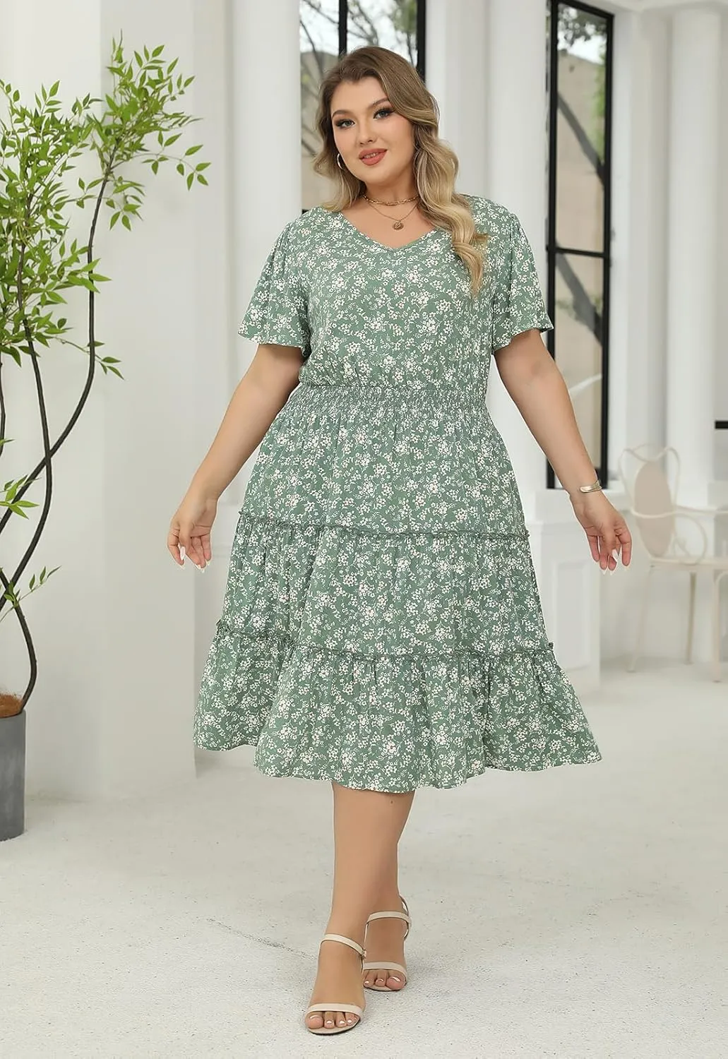 Nemidor Womens Plus Size Summer Midi Dress Casual Tiered Floral Print Beach Swing Boho Dresses with Pocket 16-26