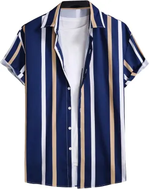 OYOANGLE Men's Color Block Striped Print Short Sleeve Button Up Casual Shirt