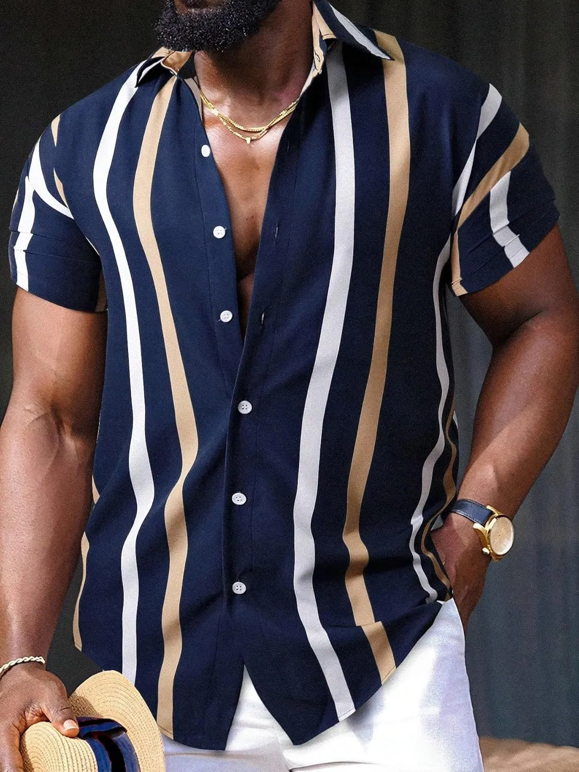 OYOANGLE Men's Color Block Striped Print Short Sleeve Button Up Casual Shirt