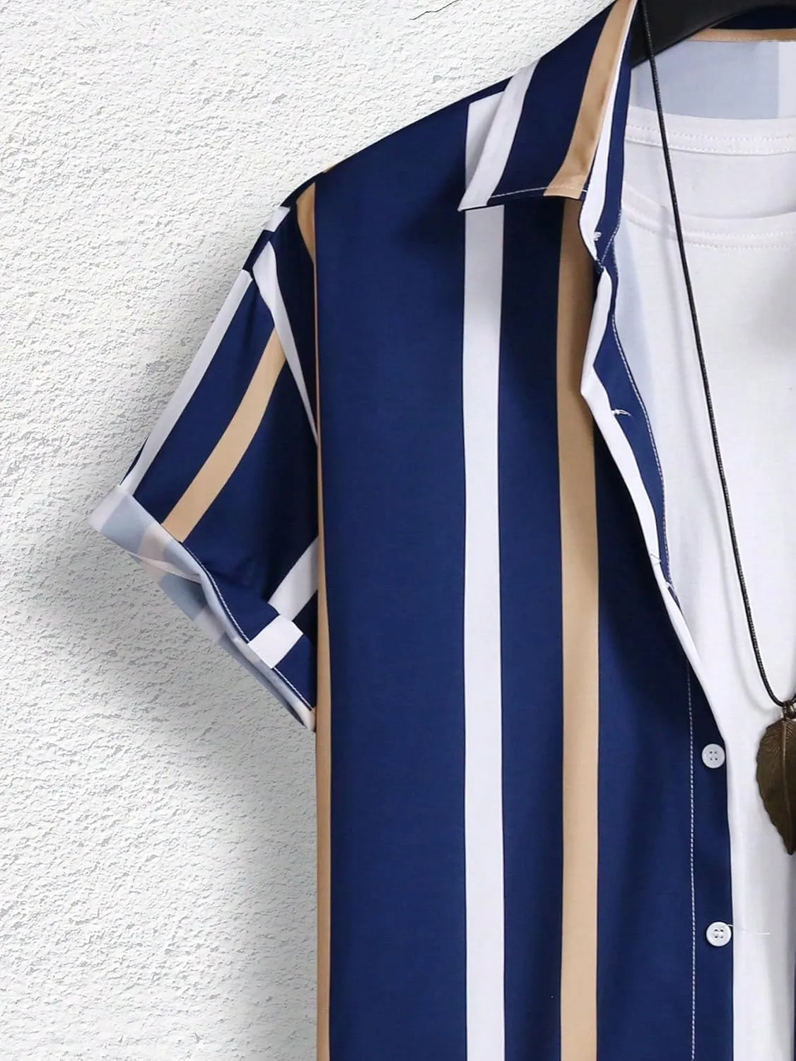 OYOANGLE Men's Color Block Striped Print Short Sleeve Button Up Casual Shirt