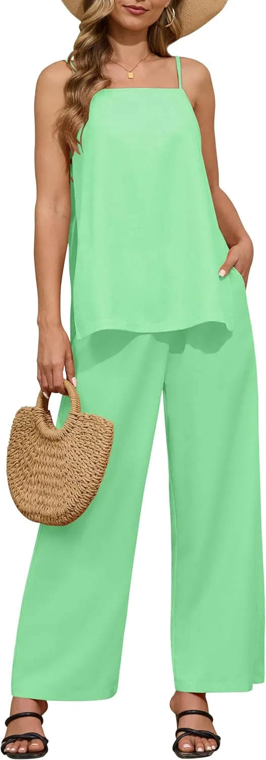 RUBZOOF Women's 2 Piece Lounge Sets 2025 Casual Summer Beach Jumpsuit Cami Top Wide Leg Pant Set Vacation Outfits