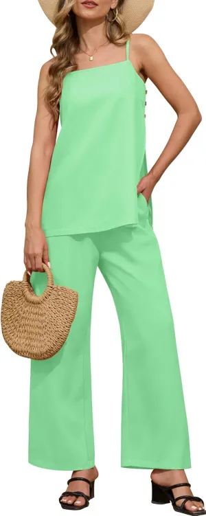 RUBZOOF Women's 2 Piece Lounge Sets 2025 Casual Summer Beach Jumpsuit Cami Top Wide Leg Pant Set Vacation Outfits
