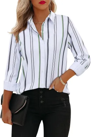siliteelon Button Down Shirts for Women Striped Long Sleeve Dress Shirts Collared Office Work Blouses Button Up Tops