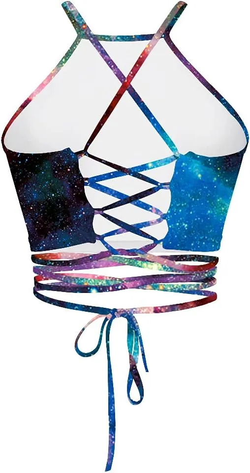 Sister Amy Women's Halter Cross Back Boho Bandage Tank Camis Crop Top Vest