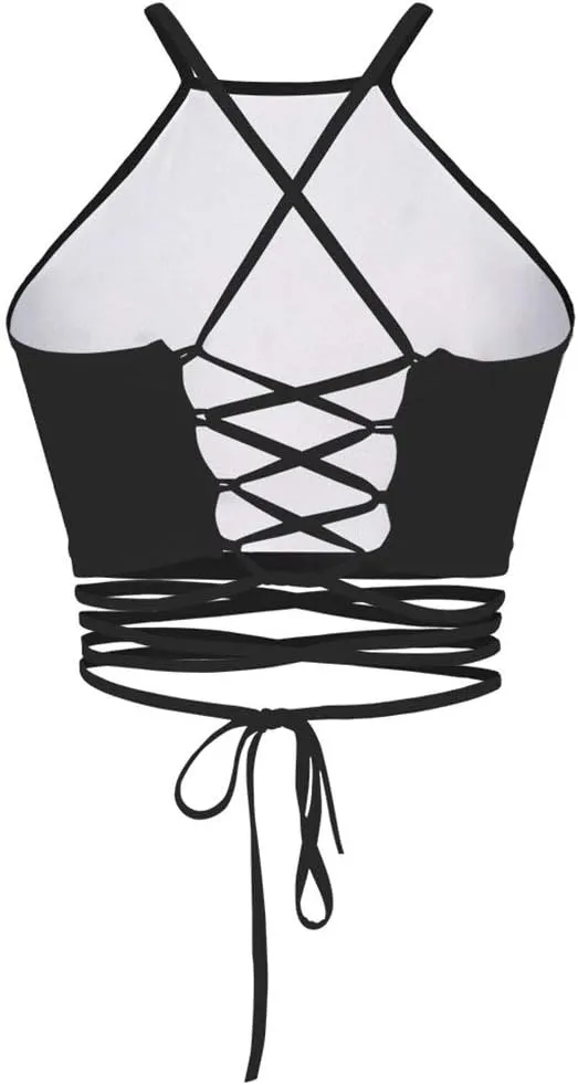 Sister Amy Women's Halter Cross Back Boho Bandage Tank Camis Crop Top Vest