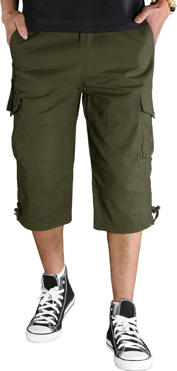 TACVASEN Men's Capri Pants with 7 Pockets Cargo Shorts Twill Elastic Below Knee 3/4 Capri Long Shorts