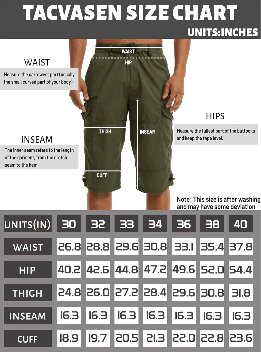 TACVASEN Men's Capri Pants with 7 Pockets Cargo Shorts Twill Elastic Below Knee 3/4 Capri Long Shorts
