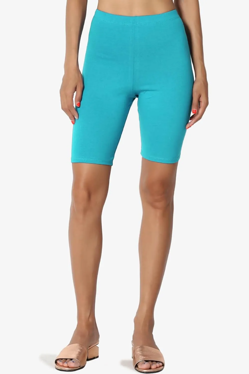 TheMogan Women's Mid Thigh Stretch Cotton Span High Waist Active Basic Short Leggings