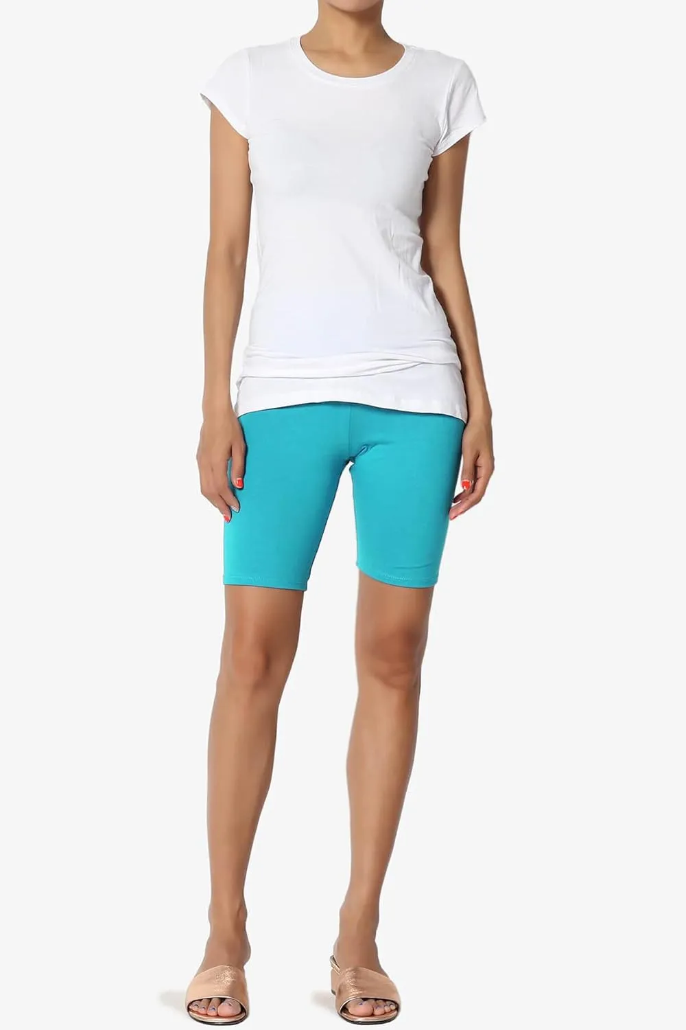 TheMogan Women's Mid Thigh Stretch Cotton Span High Waist Active Basic Short Leggings