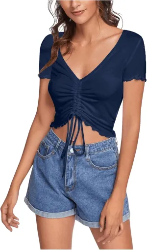 Verdusa Women's Ruched Drawstring Front V Neck Crop Tee Top
