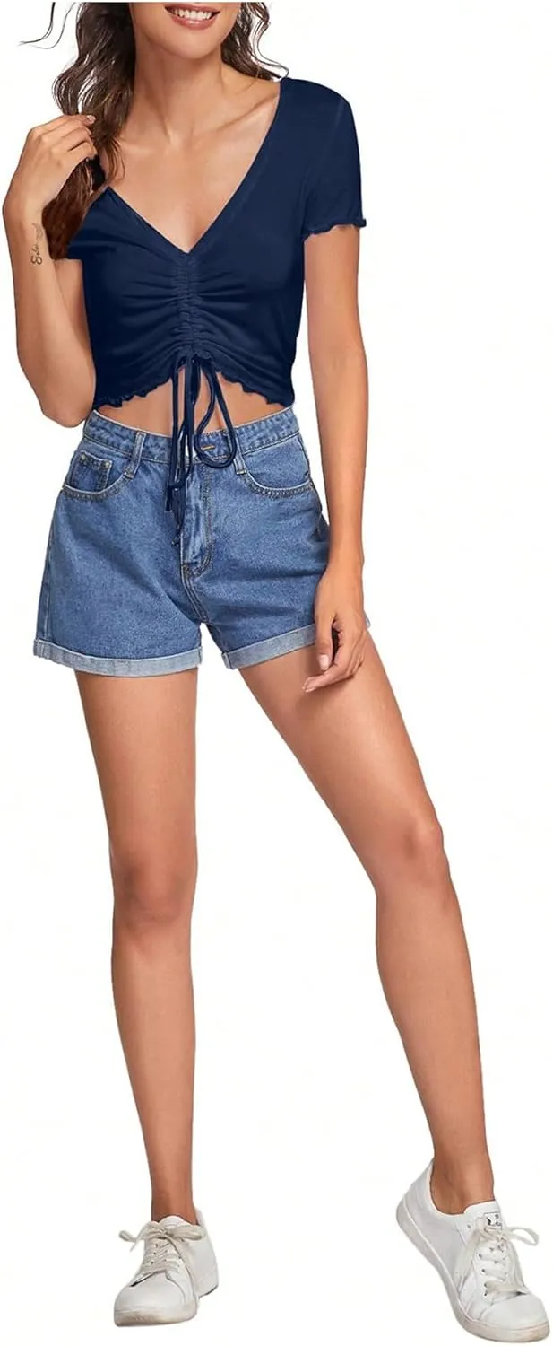 Verdusa Women's Ruched Drawstring Front V Neck Crop Tee Top
