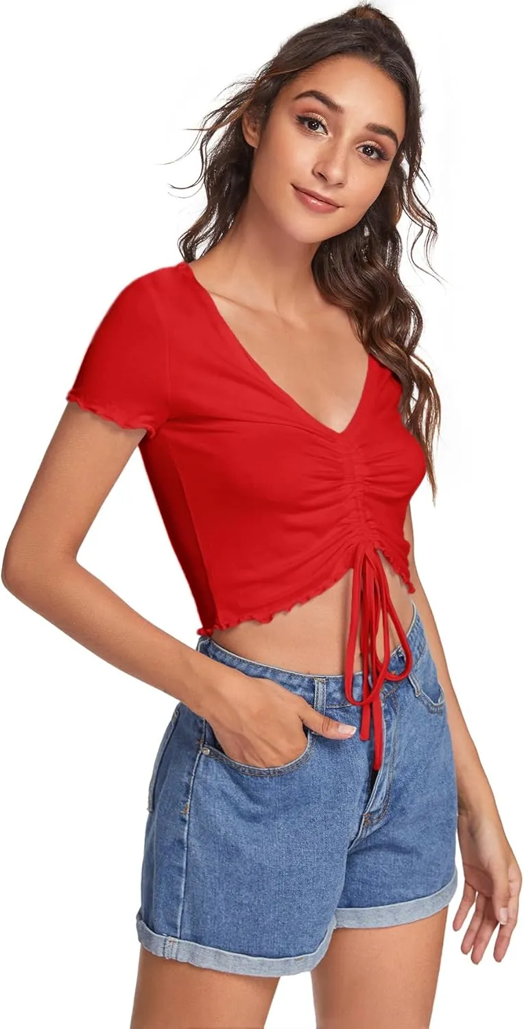 Verdusa Women's Ruched Drawstring Front V Neck Crop Tee Top