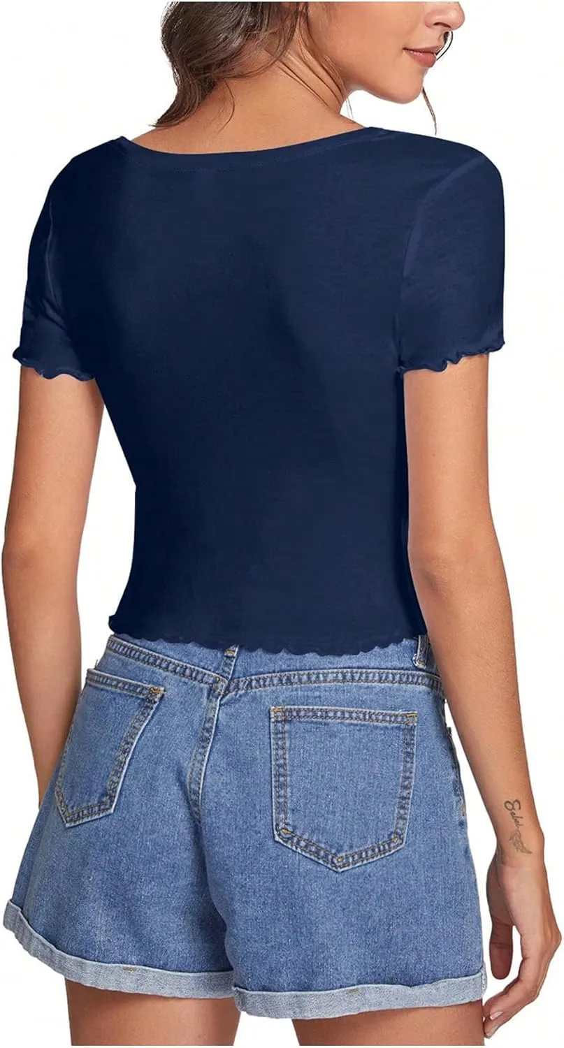 Verdusa Women's Ruched Drawstring Front V Neck Crop Tee Top