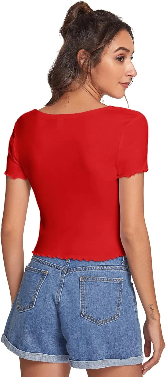 Verdusa Women's Ruched Drawstring Front V Neck Crop Tee Top