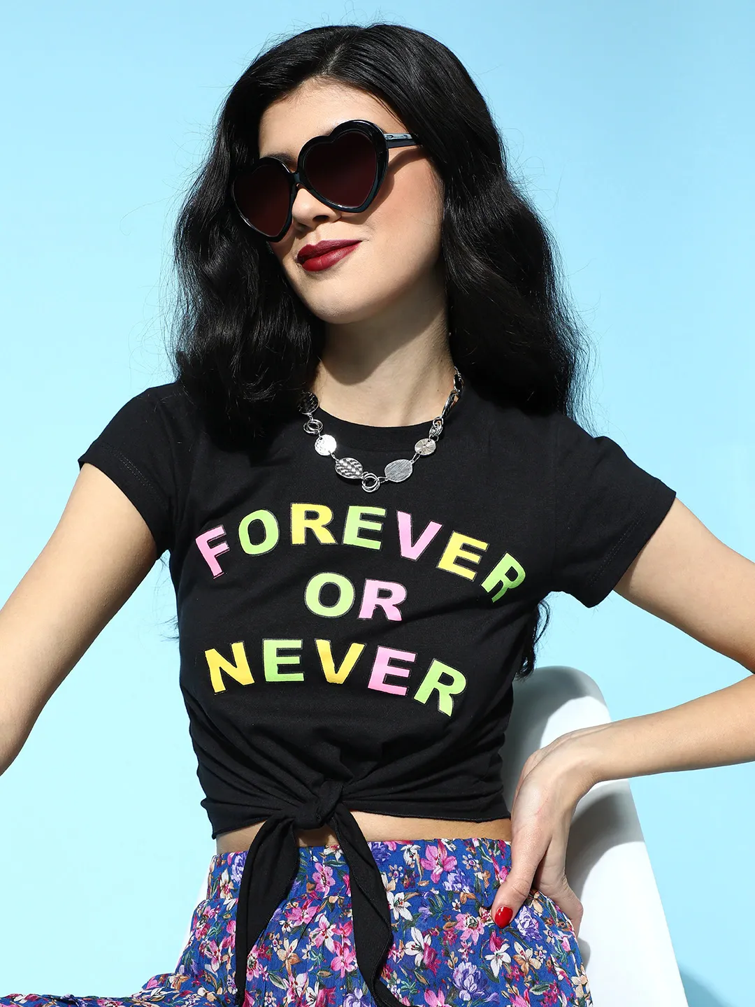 Women Black Forever-Or-Never Tie-Knot Crop T-Shirt