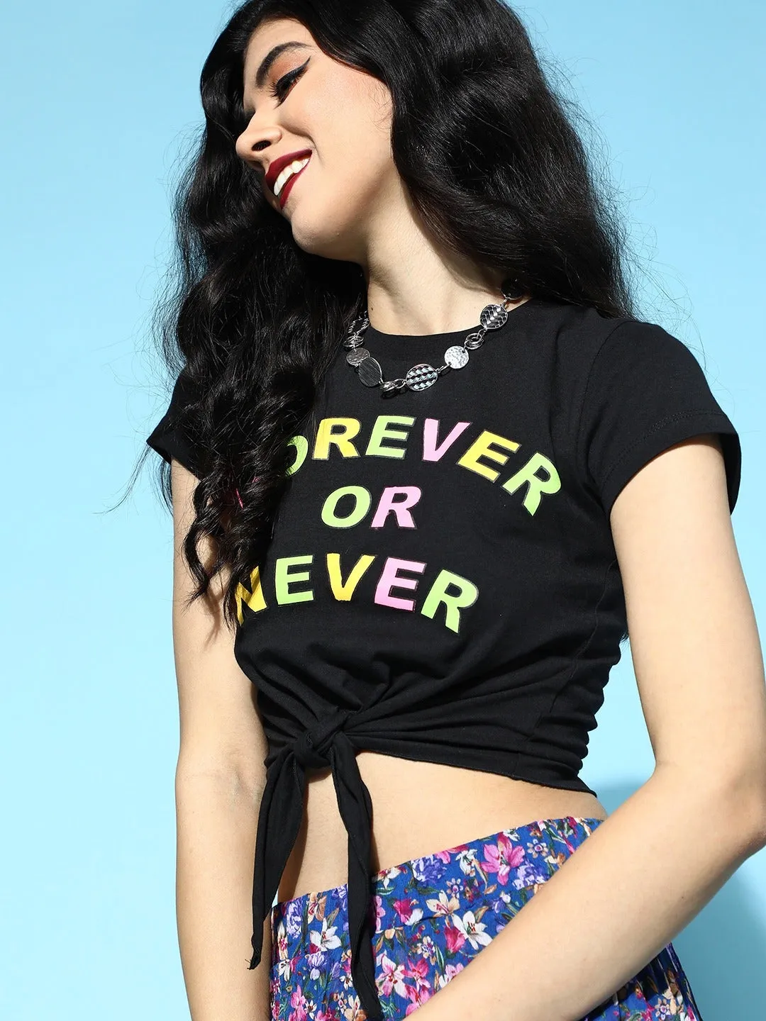 Women Black Forever-Or-Never Tie-Knot Crop T-Shirt