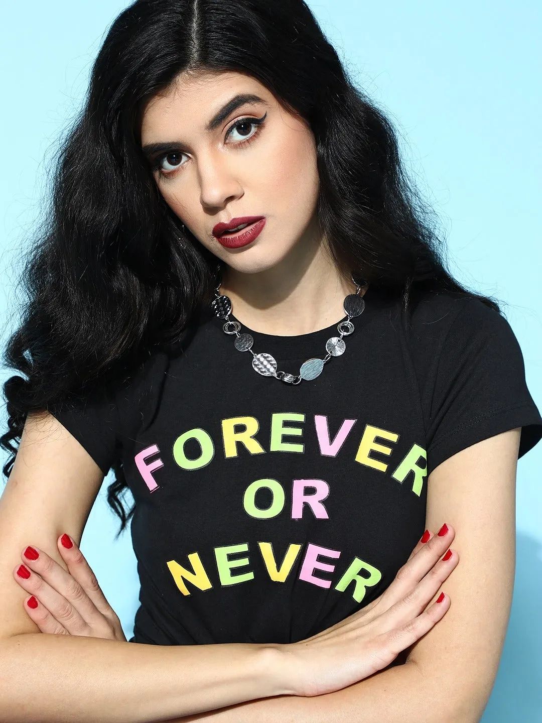 Women Black Forever-Or-Never Tie-Knot Crop T-Shirt