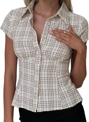 Women Y2k Button Up Shirt E-Girls Short Sleeve T Shirt Cute Babydoll Tee Fairy Lace Patchwork Top 90s Vintage Blouse