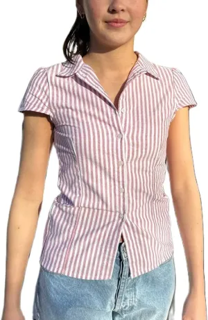 Women Y2k Button Up Shirt E-Girls Short Sleeve T Shirt Cute Babydoll Tee Fairy Lace Patchwork Top 90s Vintage Blouse