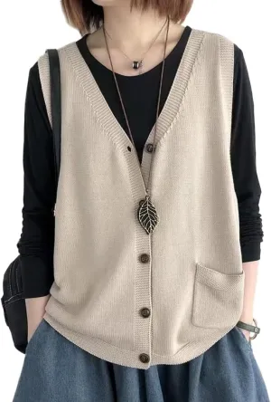 Women's Button V Neck Sleeveless Knitted Layered Cardigan Sweater Vest