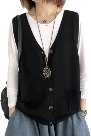 Women's Button V Neck Sleeveless Knitted Layered Cardigan Sweater Vest