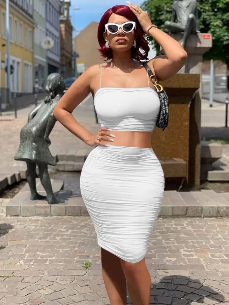 Women's Elastic High Waist Ruched Bodycon Stretch Elegant Pencil Midi Skirt