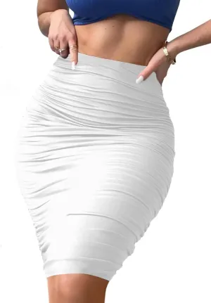 Women's Elastic High Waist Ruched Bodycon Stretch Elegant Pencil Midi Skirt