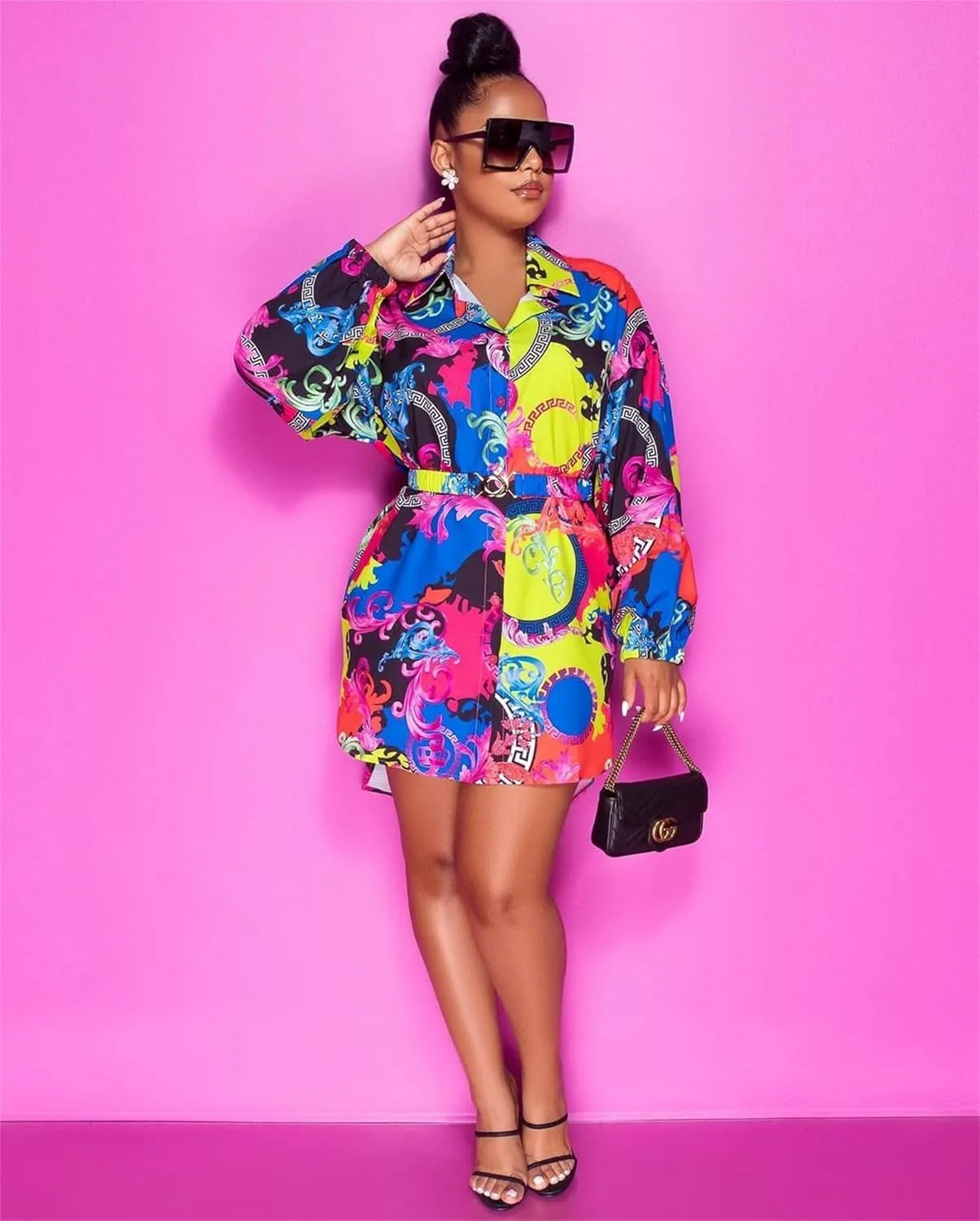 Women's Floral Button Down Shirt Dresses Casual Oversized Long Sleeve Button up Blouses Tops Mini Dress