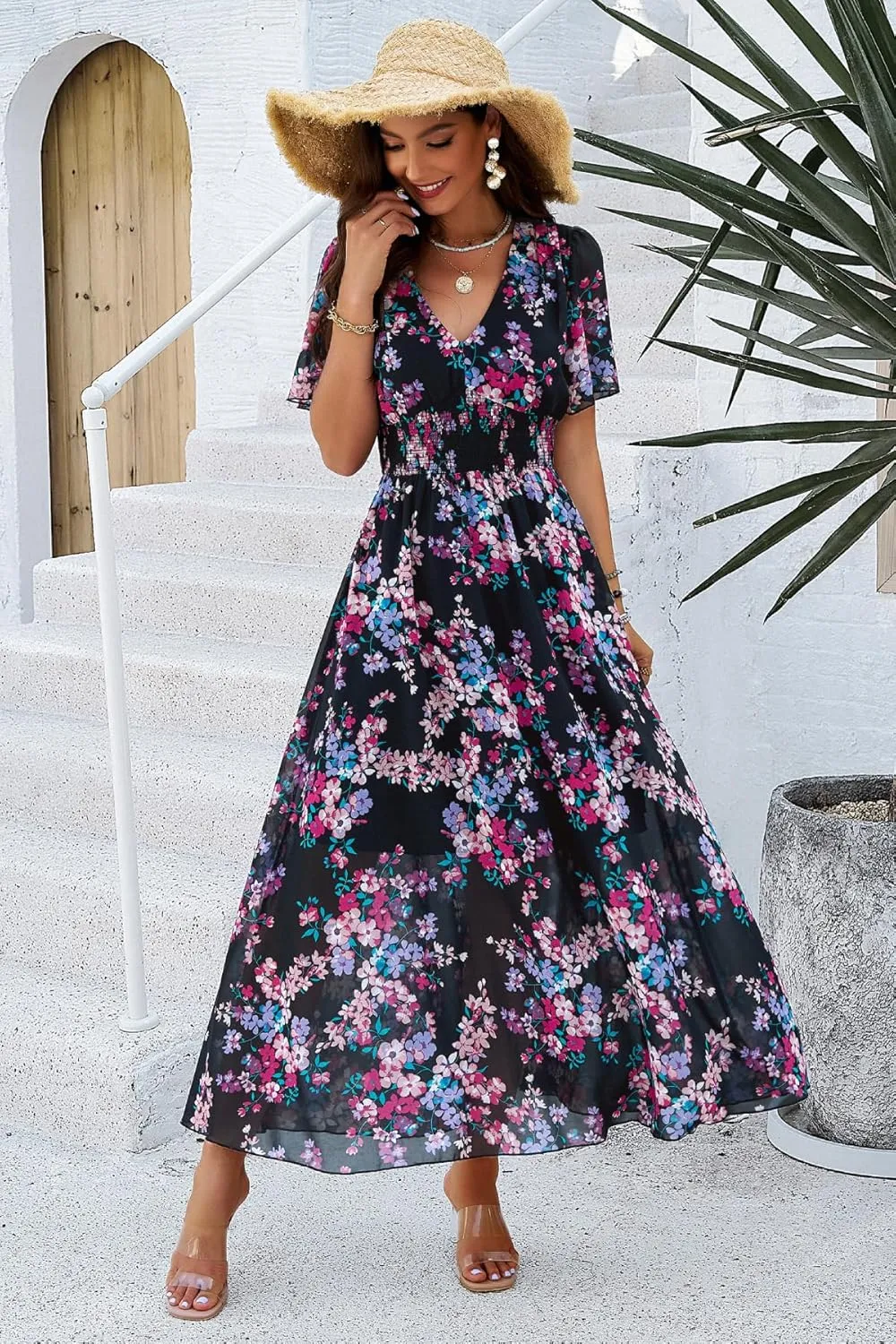 Women's Floral Maxi Dress Flowy V Neck Empire Waist Summer Wedding Guest Party Casual Chiffon Dress