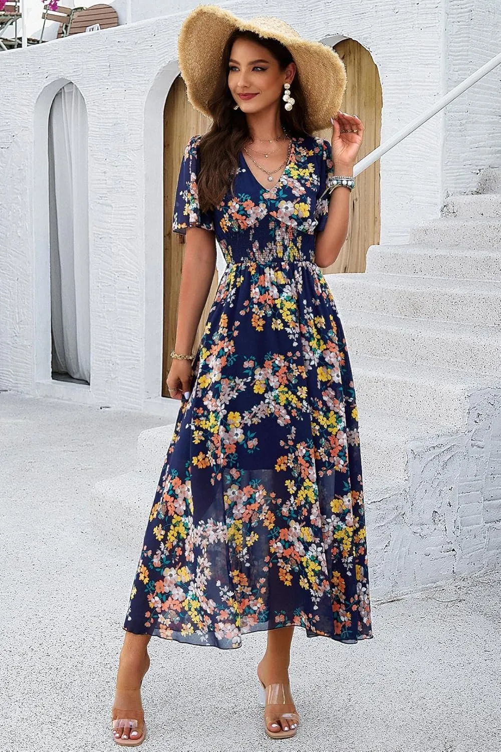 Women's Floral Maxi Dress Flowy V Neck Empire Waist Summer Wedding Guest Party Casual Chiffon Dress