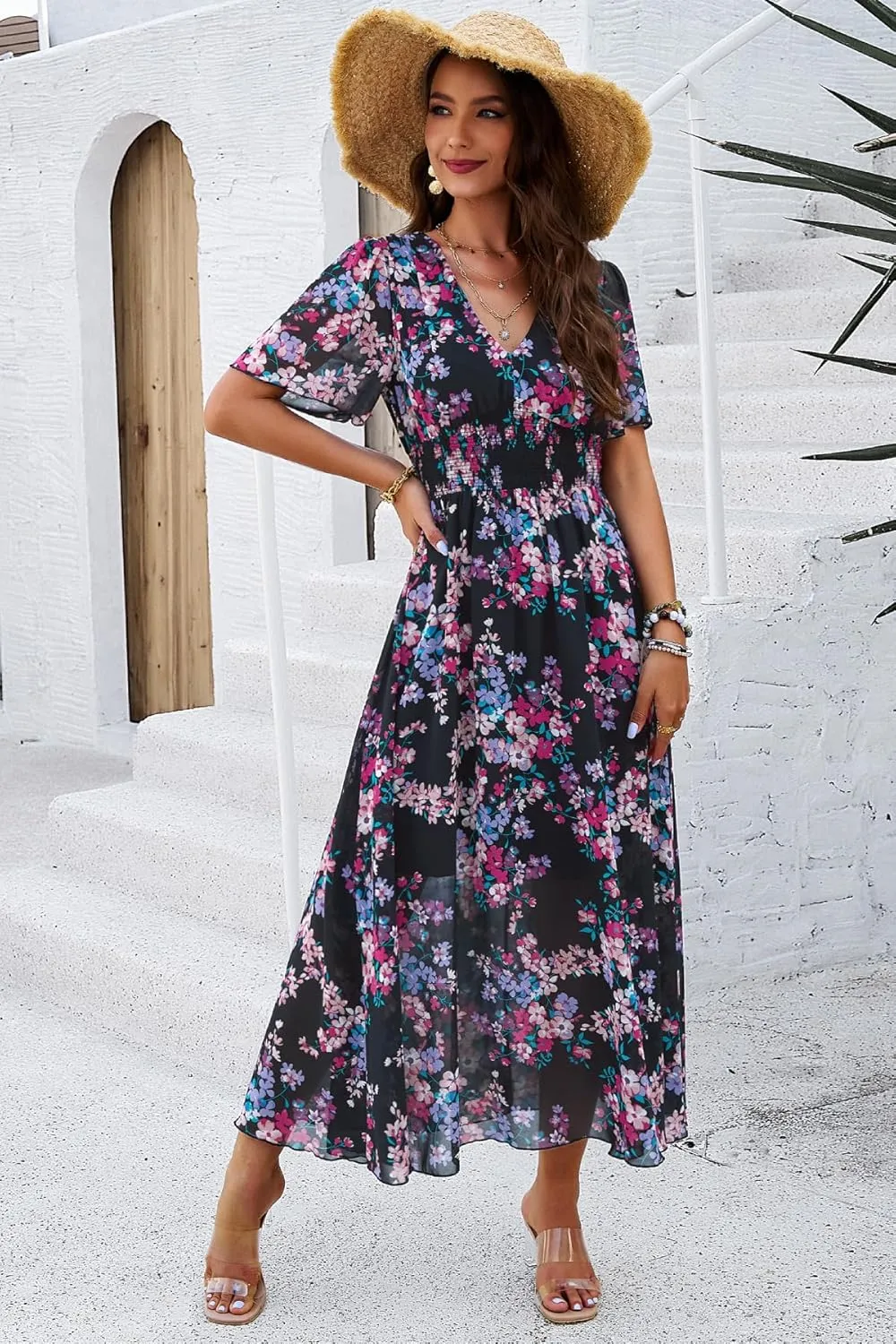 Women's Floral Maxi Dress Flowy V Neck Empire Waist Summer Wedding Guest Party Casual Chiffon Dress