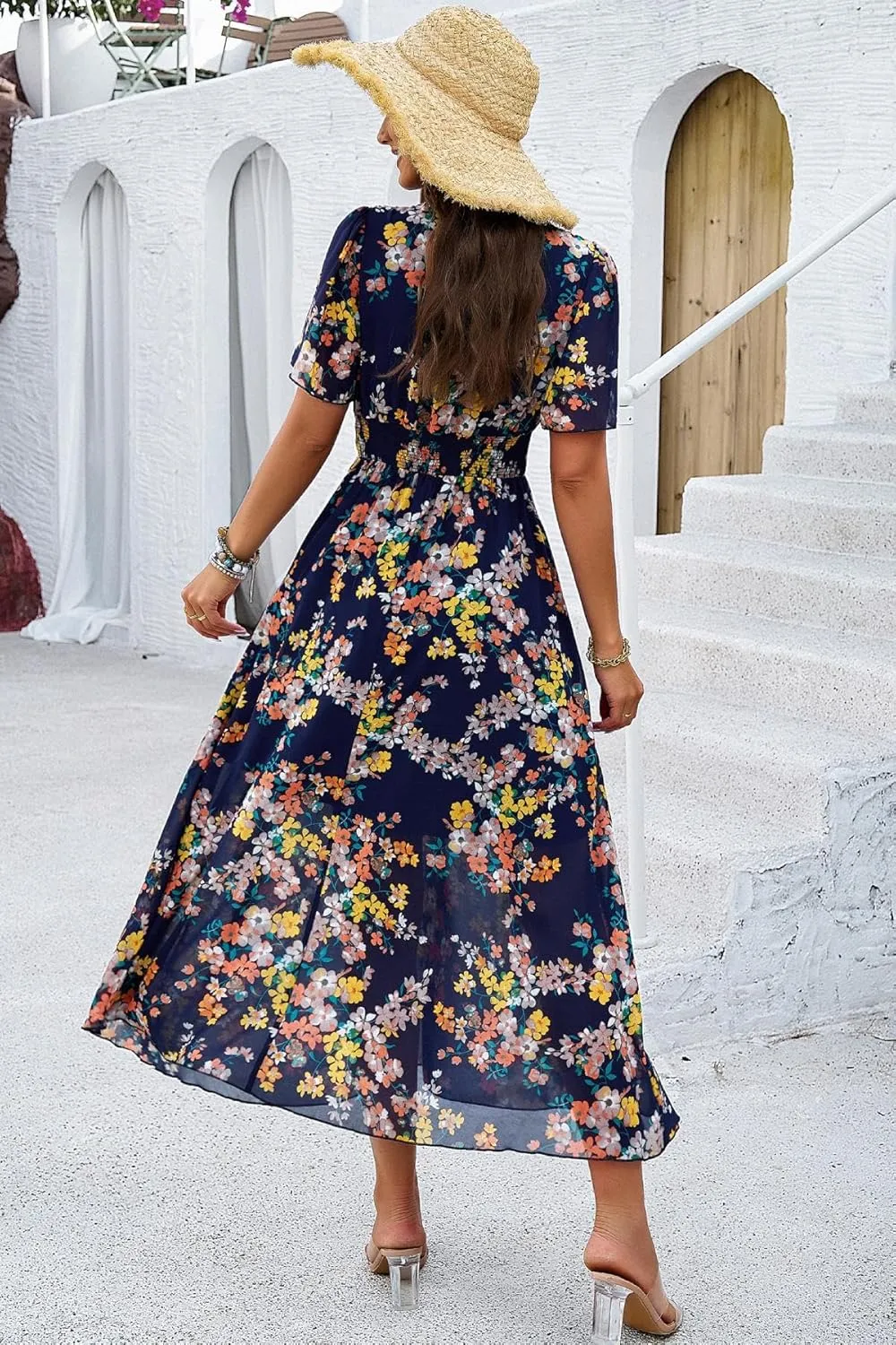 Women's Floral Maxi Dress Flowy V Neck Empire Waist Summer Wedding Guest Party Casual Chiffon Dress