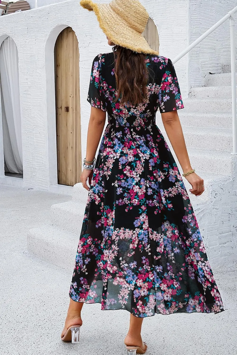Women's Floral Maxi Dress Flowy V Neck Empire Waist Summer Wedding Guest Party Casual Chiffon Dress