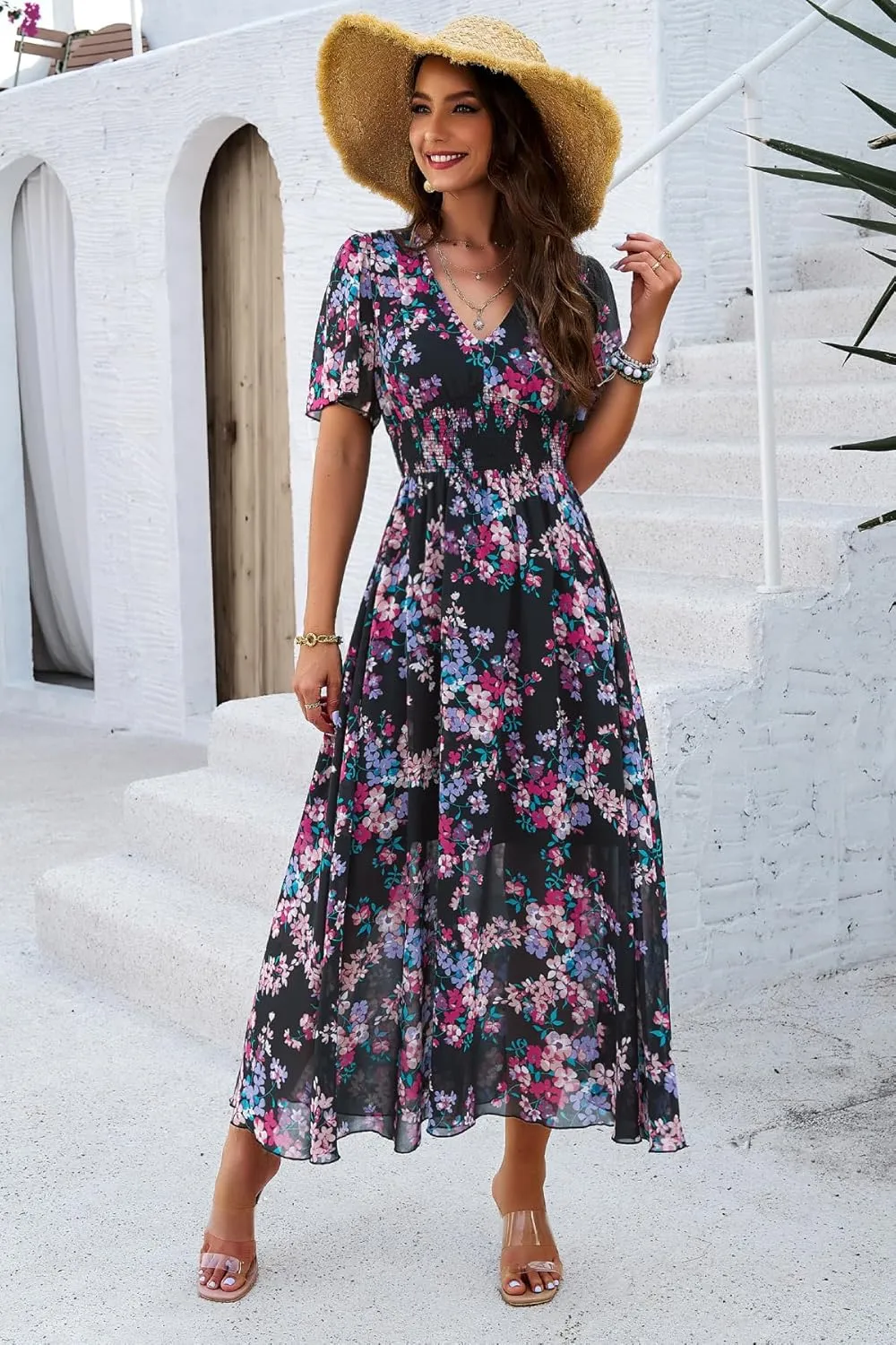 Women's Floral Maxi Dress Flowy V Neck Empire Waist Summer Wedding Guest Party Casual Chiffon Dress