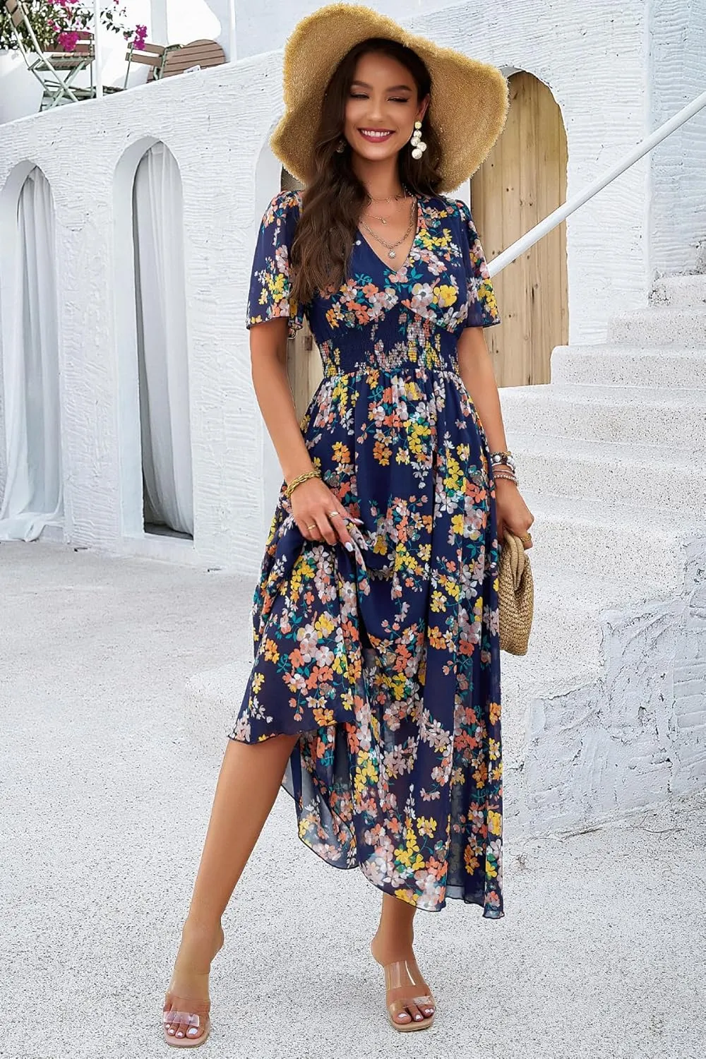 Women's Floral Maxi Dress Flowy V Neck Empire Waist Summer Wedding Guest Party Casual Chiffon Dress