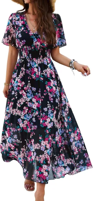 Women's Floral Maxi Dress Flowy V Neck Empire Waist Summer Wedding Guest Party Casual Chiffon Dress