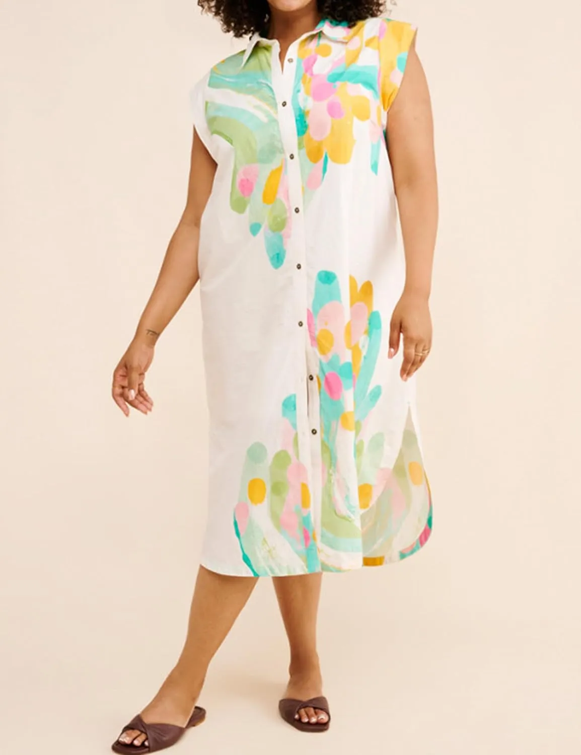 Womens Floral Print Cap Sleeve Button Up Shirt Midi Dress Summer Casual V Neck Cute Loose Fit Dress