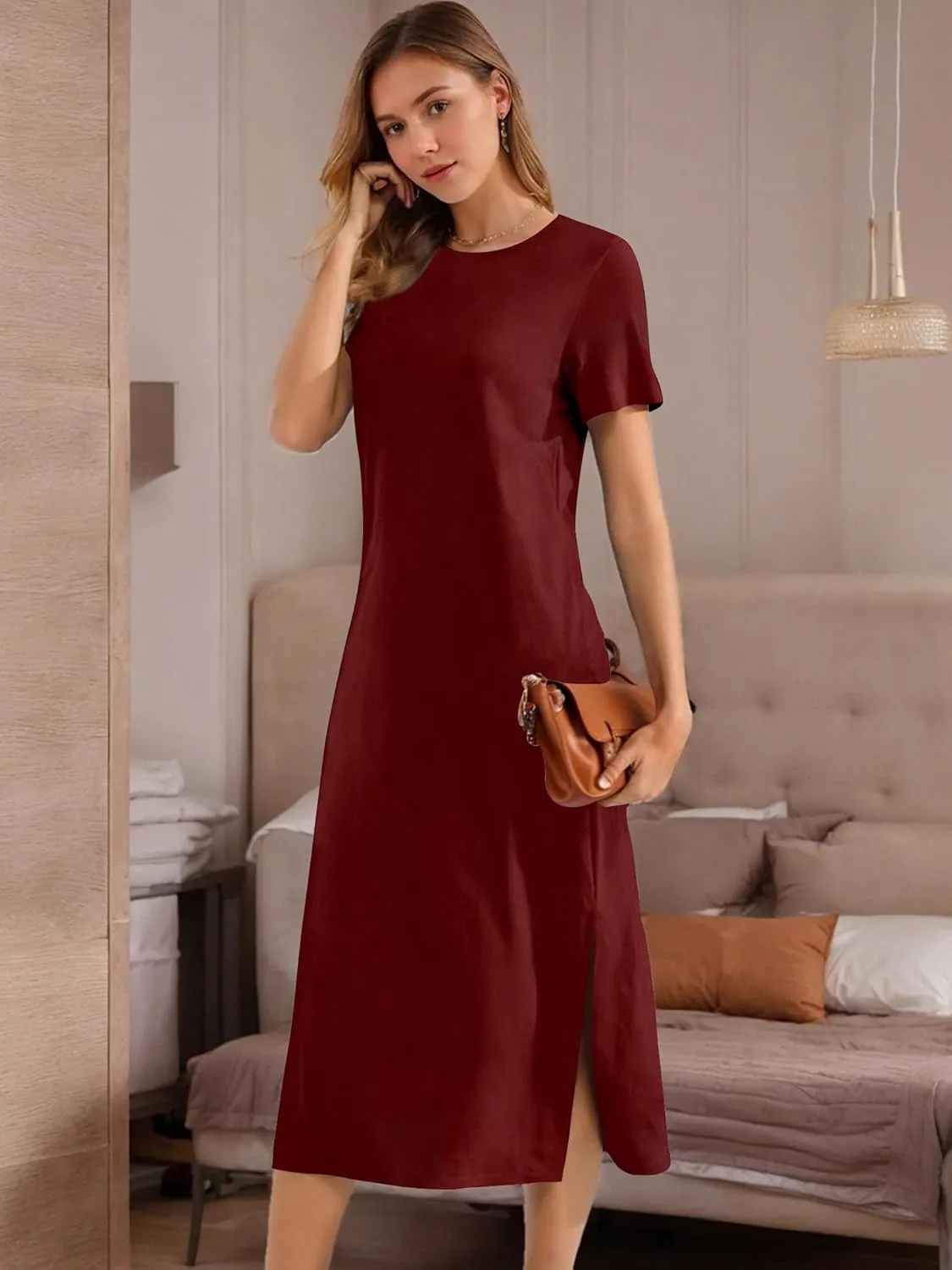 Womens Maxi Dresses Split Casual T Shirt Dress with Pockets Crew Neck Short Sleeve Summer Dresses