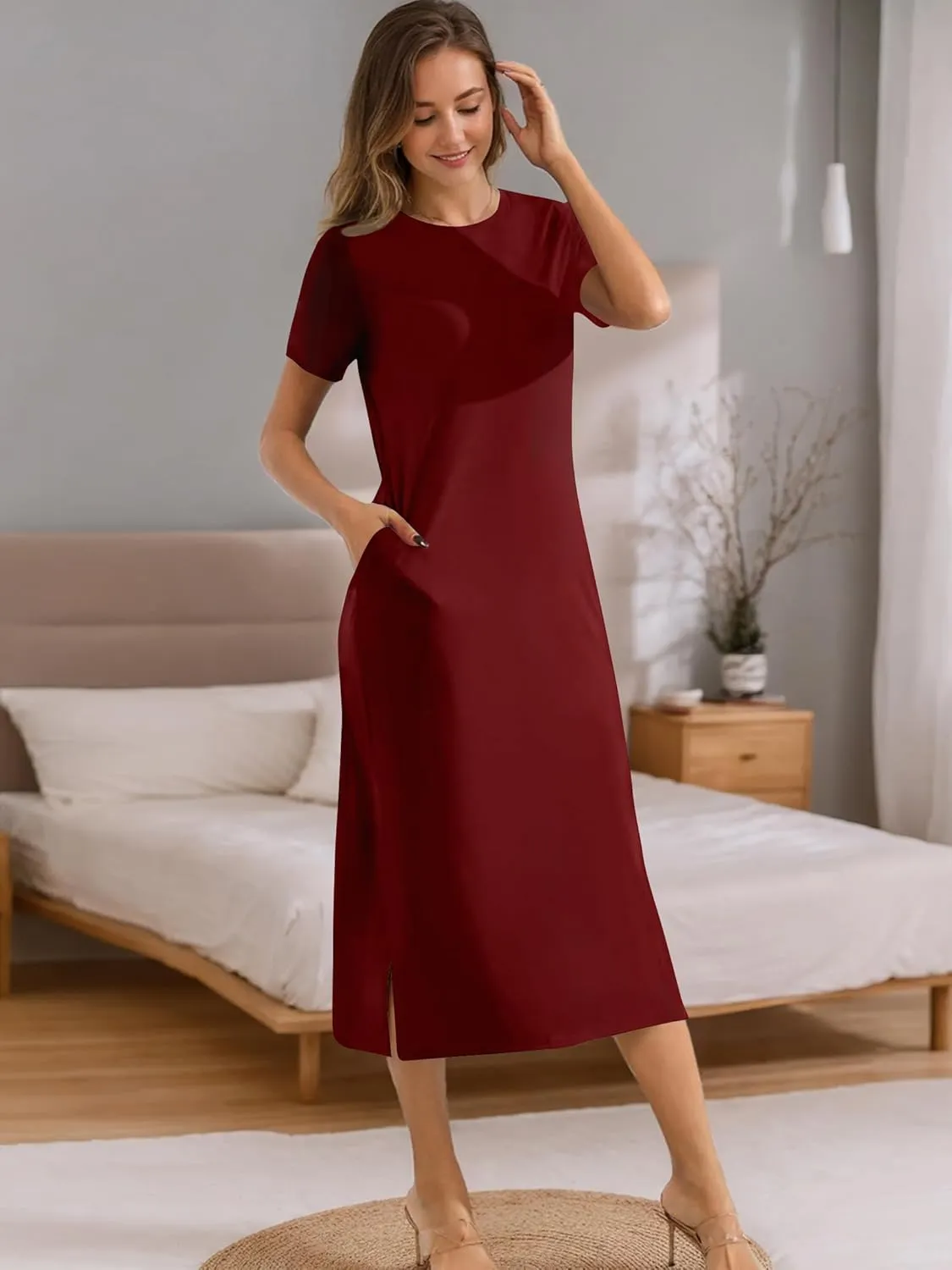 Womens Maxi Dresses Split Casual T Shirt Dress with Pockets Crew Neck Short Sleeve Summer Dresses