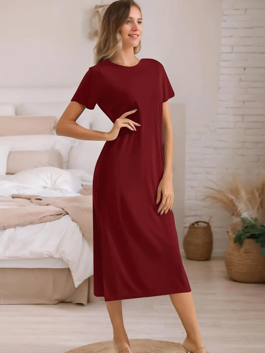 Womens Maxi Dresses Split Casual T Shirt Dress with Pockets Crew Neck Short Sleeve Summer Dresses