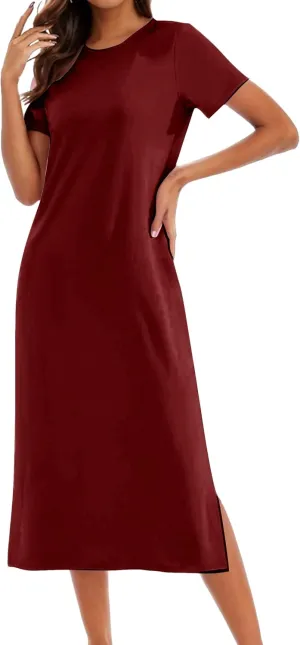 Womens Maxi Dresses Split Casual T Shirt Dress with Pockets Crew Neck Short Sleeve Summer Dresses